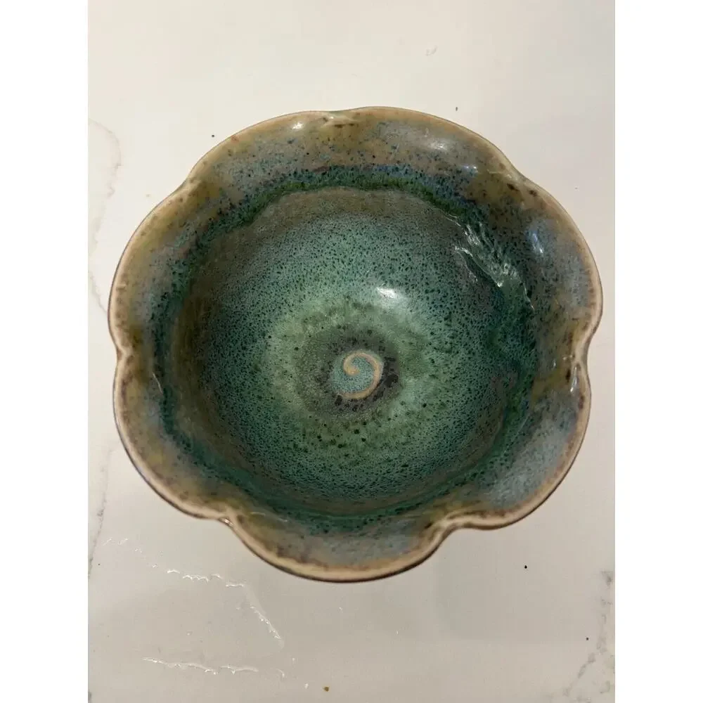 VTG Jensen Turnage Studio Art Pottery Bowl With Grape Vines And Ruffled Edges